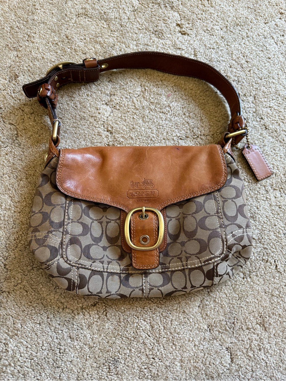 Coach Tan & Brown Signature Canvas Shoulder Bag with Buckle